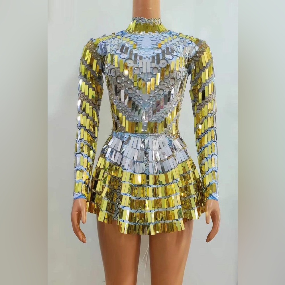 Long Sleeve Rhinestone and Sequin Spandex Minidress